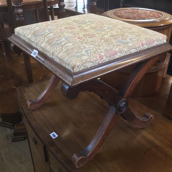 Victorian rosewood dressing stool, on X-frame supports with scrolled feet